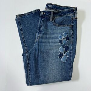 Old Navy Blue High-Rise Straight-Leg Jeans with Floral Appliqué Size 16 short